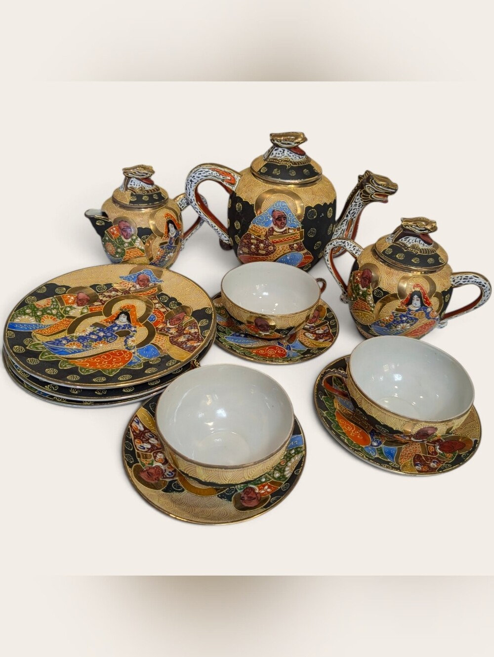 vintage porcelain Multicolor Gold-Accent Satsuma-Style Tea and Dinnerware Set